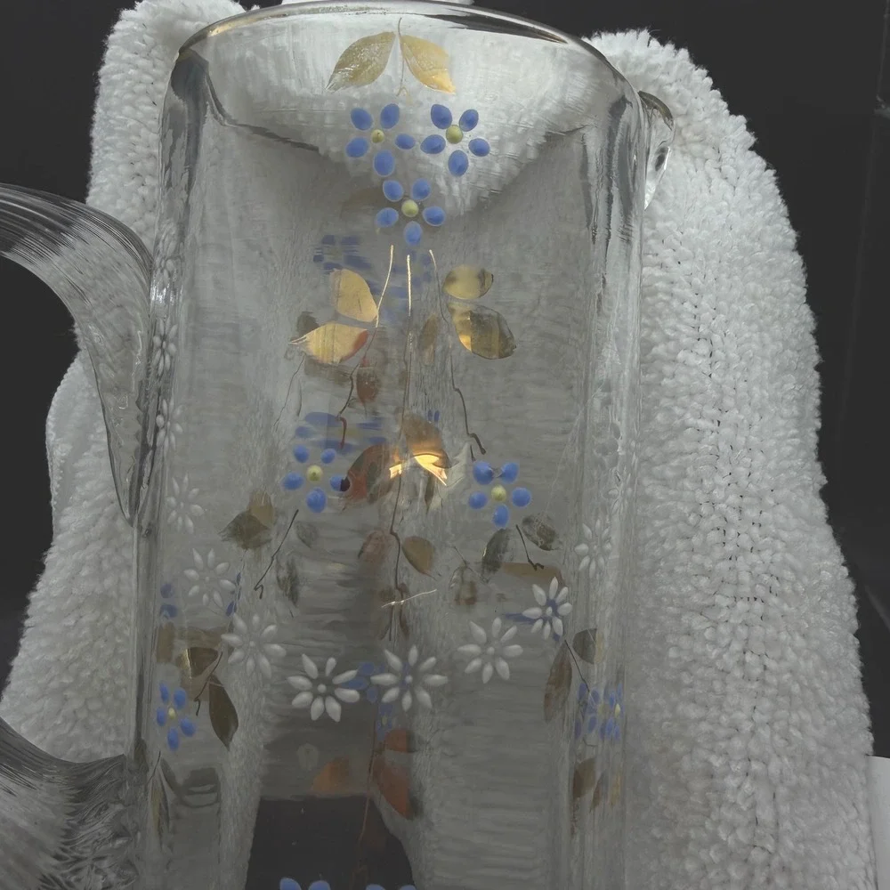 Antique Victorian Bohemian Enameled Glass Claret Pitcher Blue Floral Gilt 11‎ in